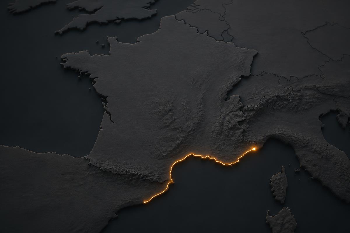 Mapa de Francia destacando una ruta principal desde Barcelona